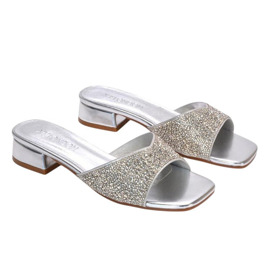 Metallic Silver - Front - XY London Womens-Ladies Erica Metallic Low Block Heel Mule Sandals