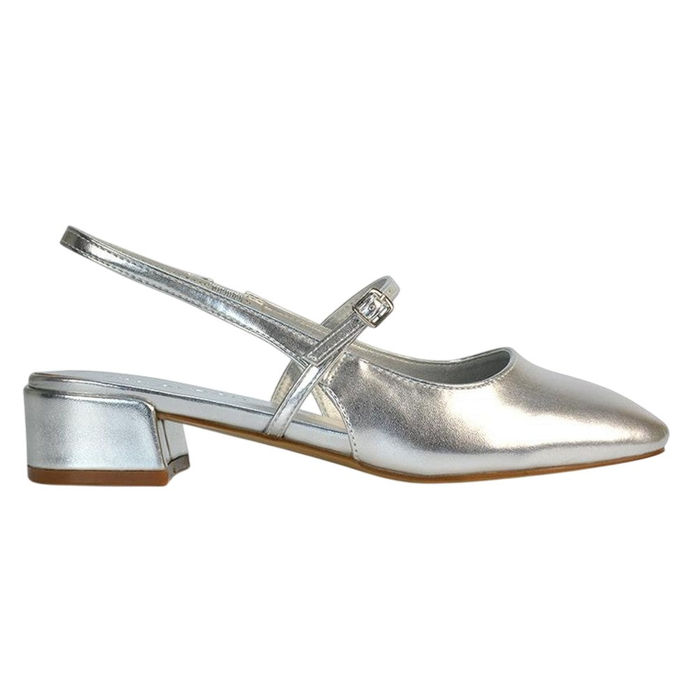 Metallic Silver - Back - XY London Womens-Ladies Marie Sling Back Low Block Heel Espadrilles