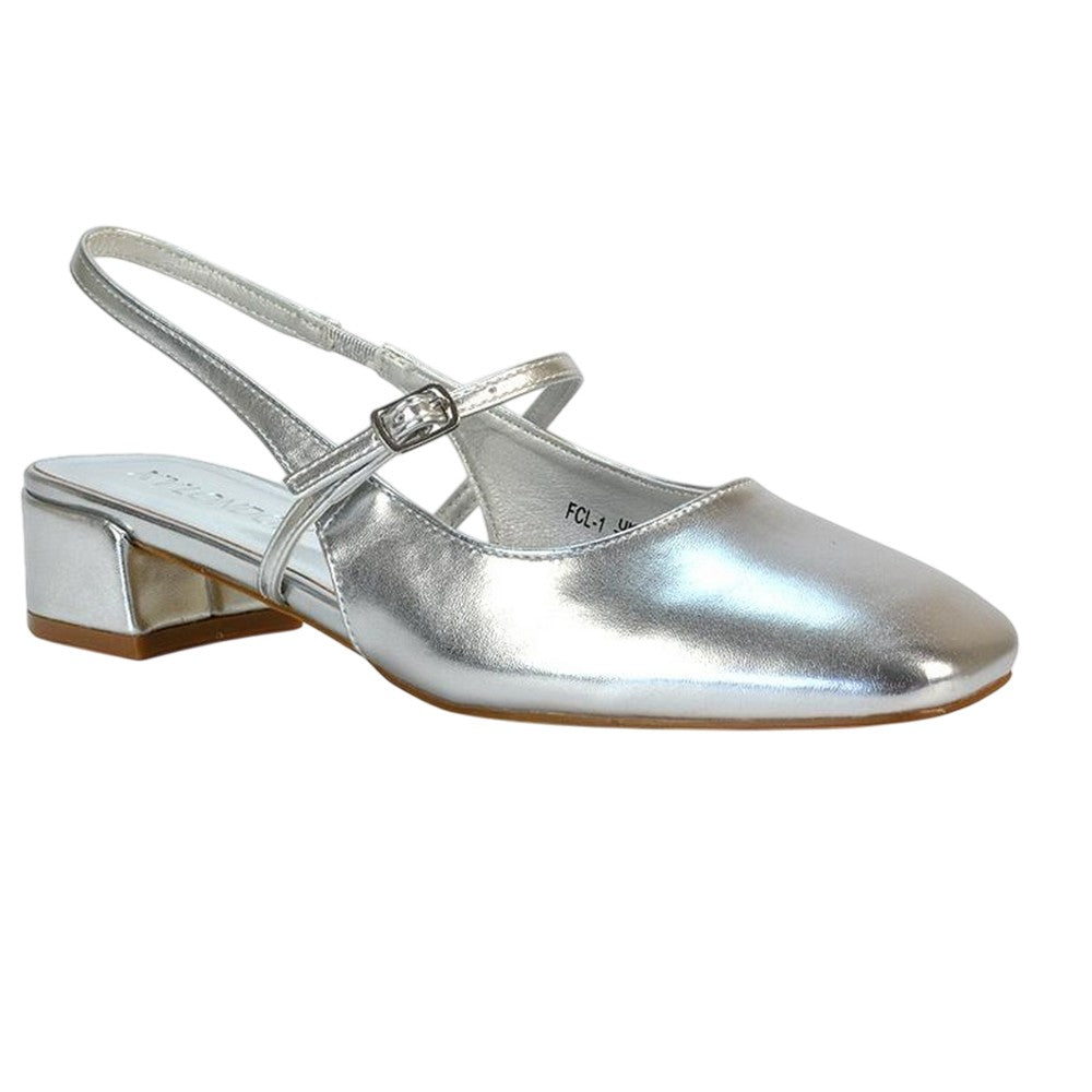 Metallic Silver - Side - XY London Womens-Ladies Marie Sling Back Low Block Heel Espadrilles