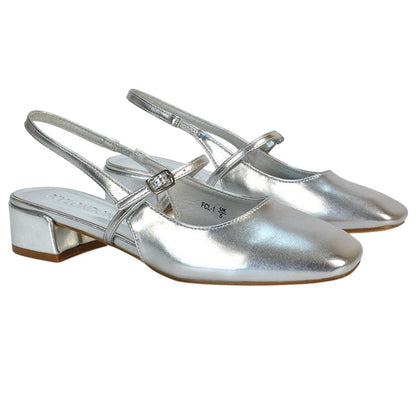 Metallic Silver - Front - XY London Womens-Ladies Marie Sling Back Low Block Heel Espadrilles
