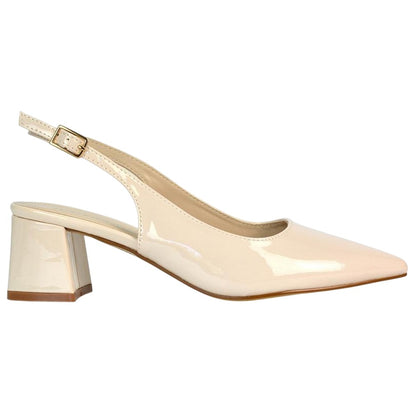 Beige - Side - XY London Womens-Ladies Becky Patent Leather Sling Back Court Pumps