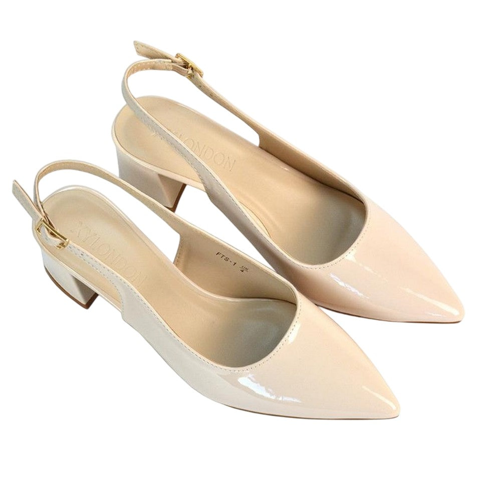 Beige - Close up - XY London Womens-Ladies Becky Patent Leather Sling Back Court Pumps