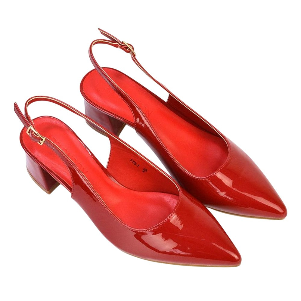 Red - Close up - XY London Womens-Ladies Becky Patent Leather Sling Back Court Pumps