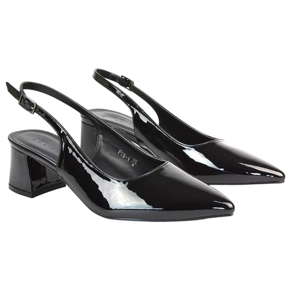 True Black - Front - XY London Womens-Ladies Becky Patent Leather Sling Back Court Pumps