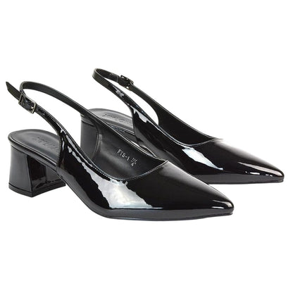 True Black - Front - XY London Womens-Ladies Becky Patent Leather Sling Back Court Pumps