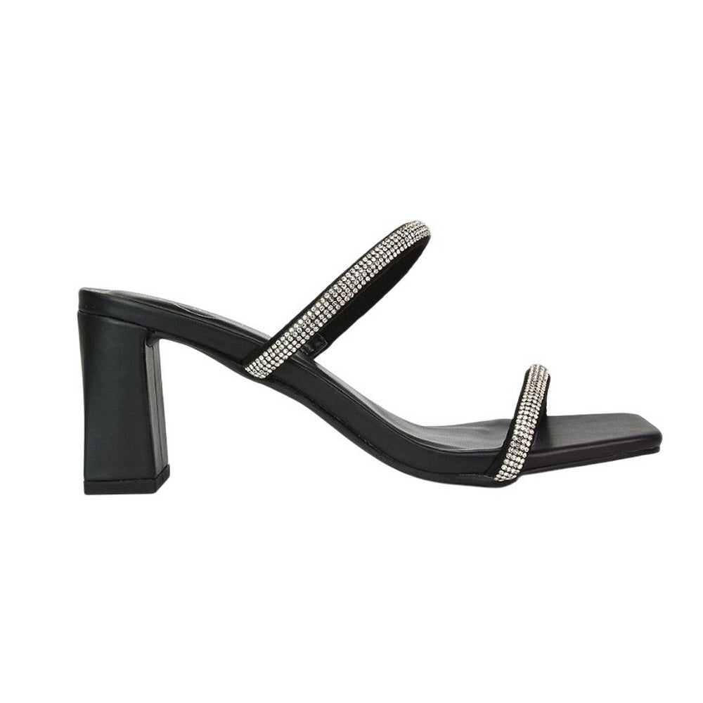 Black - Side - XY London Womens-Ladies Holden Diamante Square Toe Medium Block Mules
