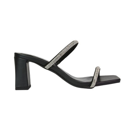 Black - Side - XY London Womens-Ladies Holden Diamante Square Toe Medium Block Mules