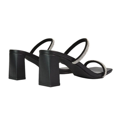 Black - Back - XY London Womens-Ladies Holden Diamante Square Toe Medium Block Mules
