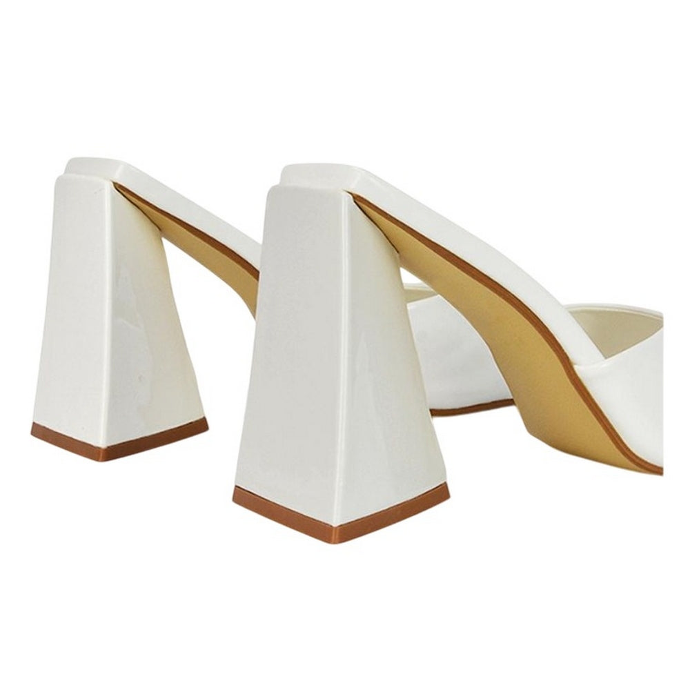 White - Back - XY London Womens-Ladies Gracia Sculptured Patent Leather Peep Toe Flared Block Heel Mules