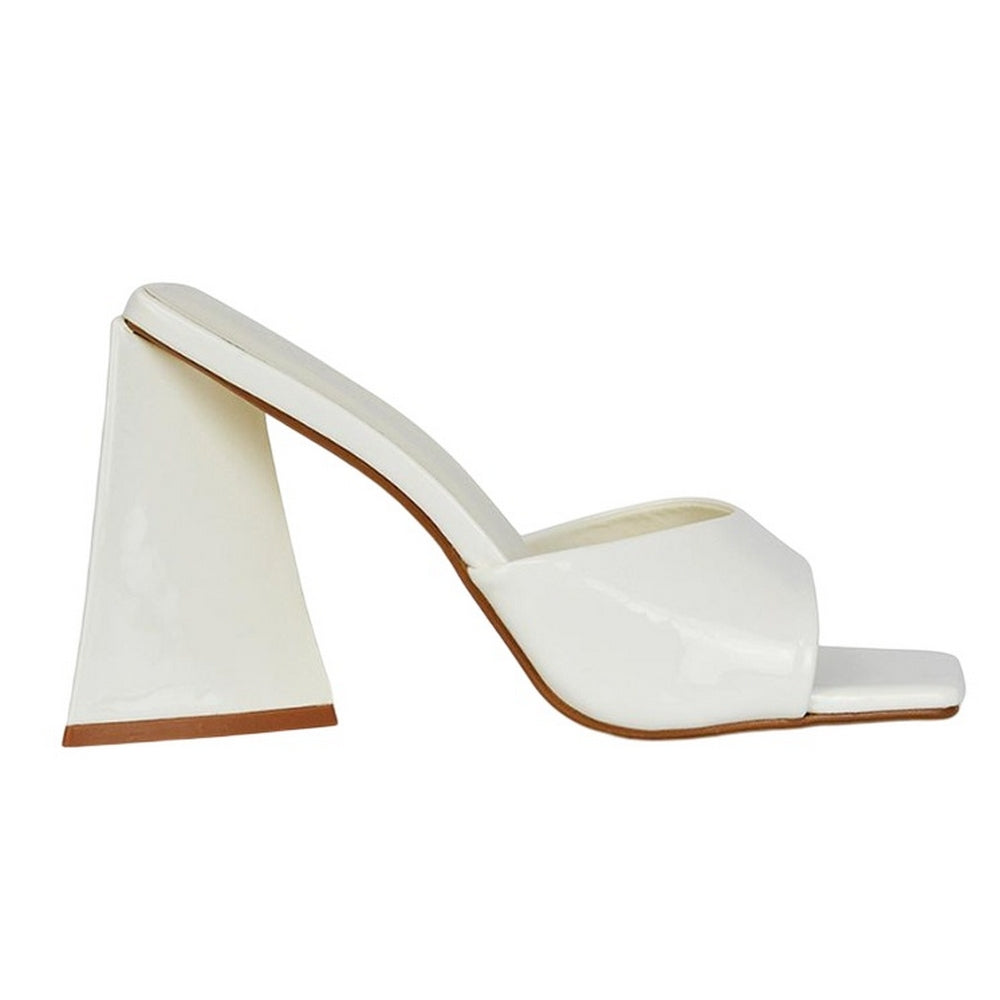 White - Side - XY London Womens-Ladies Gracia Sculptured Patent Leather Peep Toe Flared Block Heel Mules