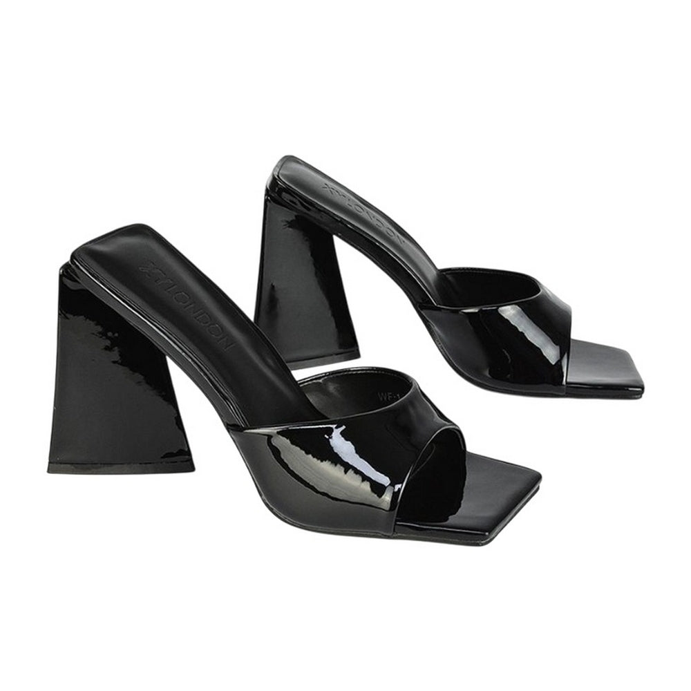 Black - Front - XY London Womens-Ladies Gracia Sculptured Patent Leather Peep Toe Flared Block Heel Mules