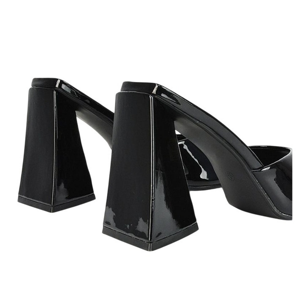 Black - Back - XY London Womens-Ladies Gracia Sculptured Patent Leather Peep Toe Flared Block Heel Mules