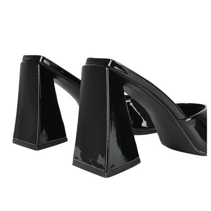 Black - Back - XY London Womens-Ladies Gracia Sculptured Patent Leather Peep Toe Flared Block Heel Mules