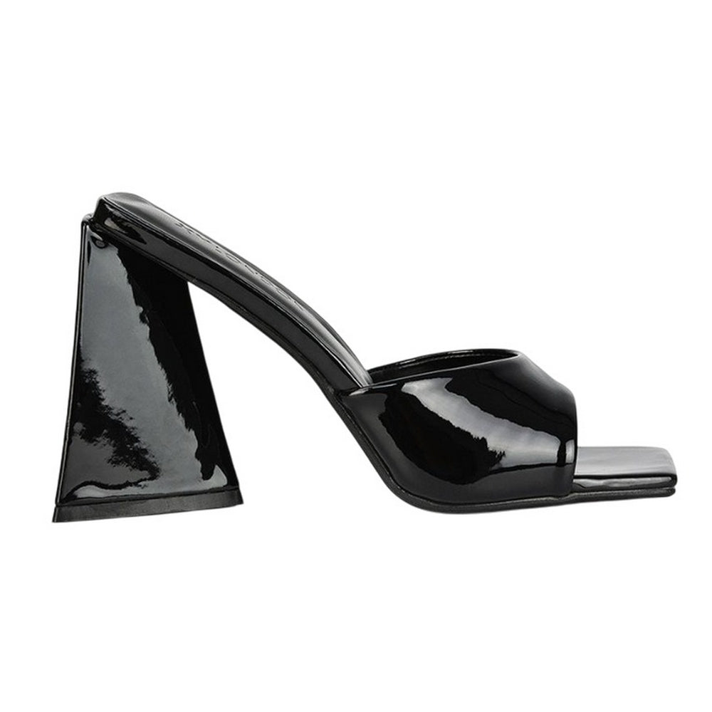 Black - Side - XY London Womens-Ladies Gracia Sculptured Patent Leather Peep Toe Flared Block Heel Mules