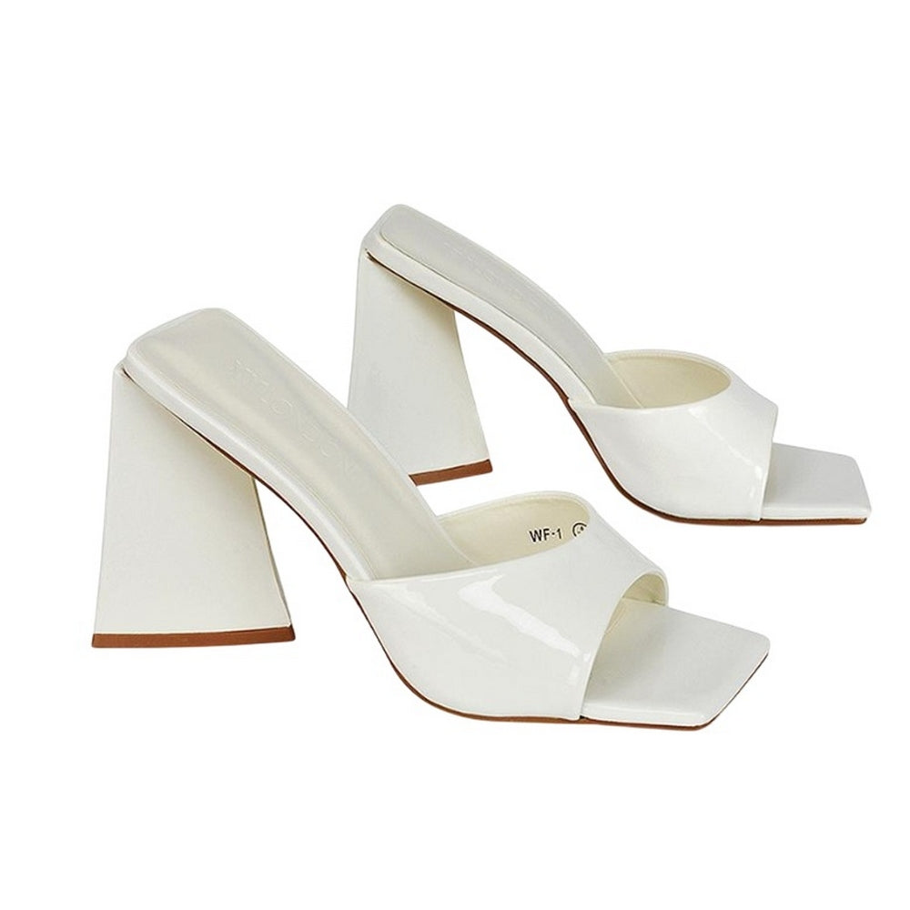 White - Front - XY London Womens-Ladies Gracia Sculptured Patent Leather Peep Toe Flared Block Heel Mules
