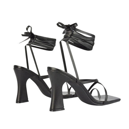 Black - Back - XY London Womens-Ladies Dylan Lace Up High Block Heel Sandals