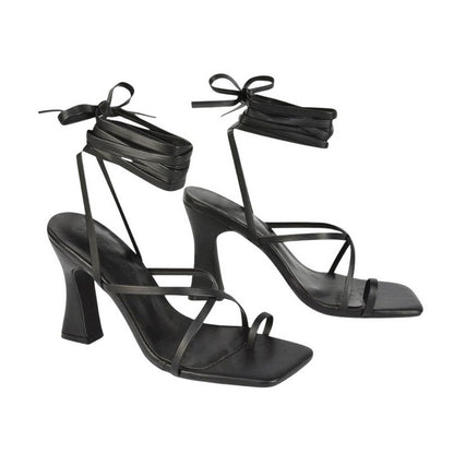 Black - Front - XY London Womens-Ladies Dylan Lace Up High Block Heel Sandals
