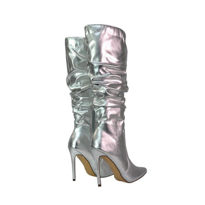 Metallic Silver - Back - XY London Womens-Ladies Milani Metallic Stiletto Heel Knee-High Boots