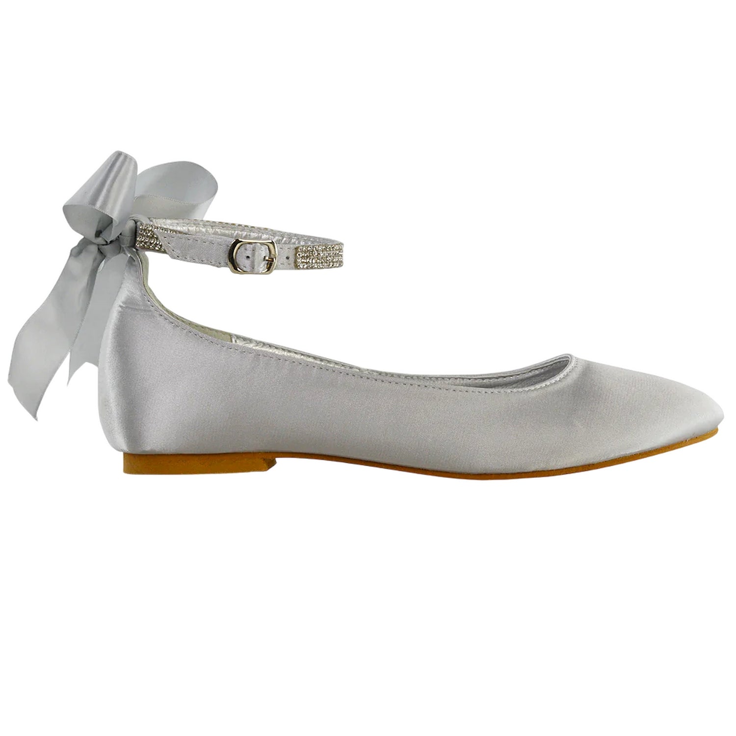 Silver - Side - XY London Womens-Ladies Penelope Bow Diamante Bridal Ballerina Flats
