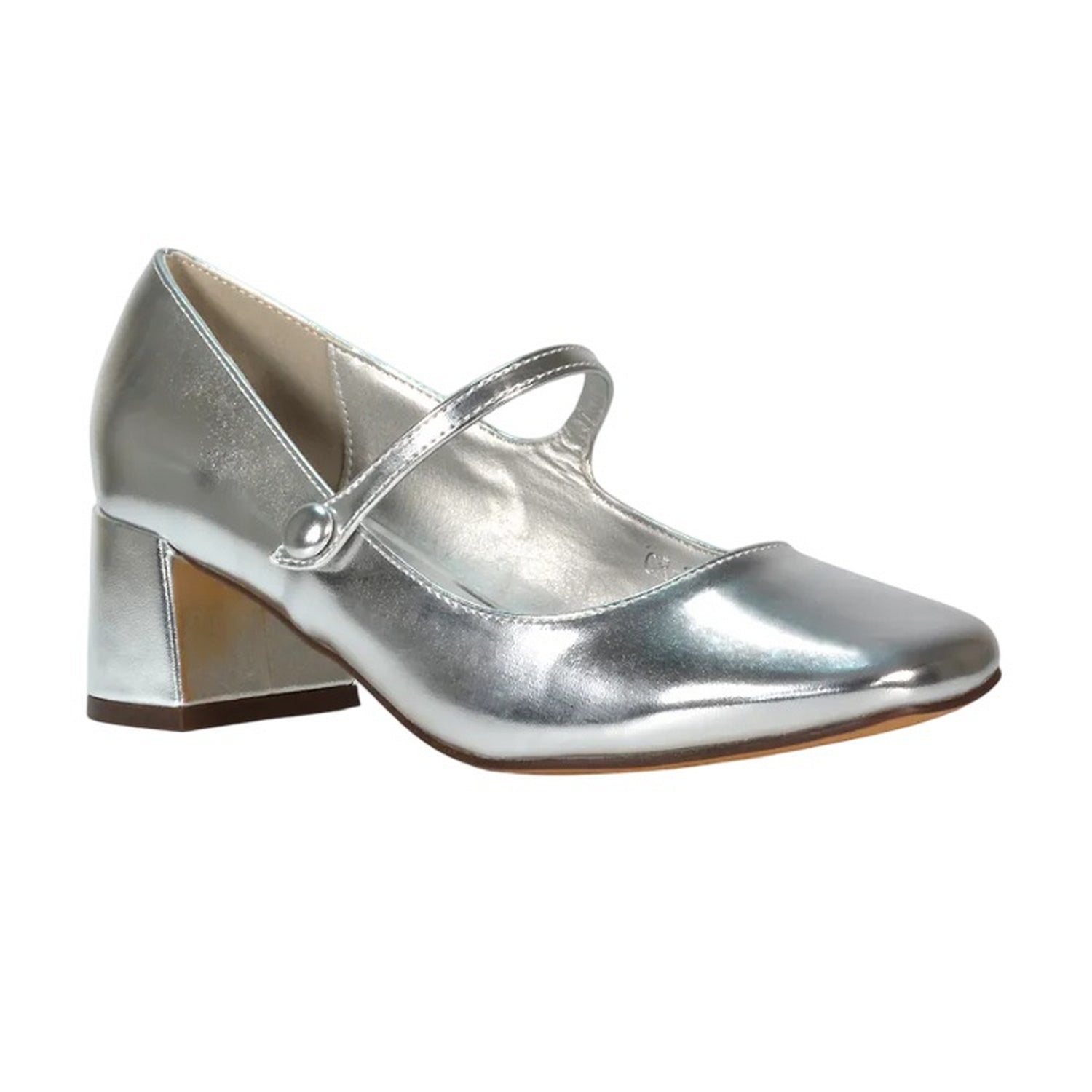 Metallic Silver - Front - XY London Womens-Ladies Leneka Metallic Ankle Strap Low Block Heel Court Pumps