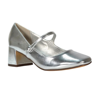 Metallic Silver - Front - XY London Womens-Ladies Leneka Metallic Ankle Strap Low Block Heel Court Pumps