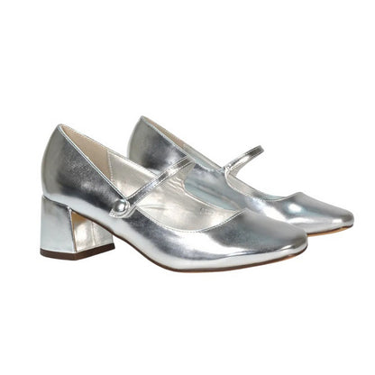 Metallic Silver - Lifestyle - XY London Womens-Ladies Leneka Metallic Ankle Strap Low Block Heel Court Pumps