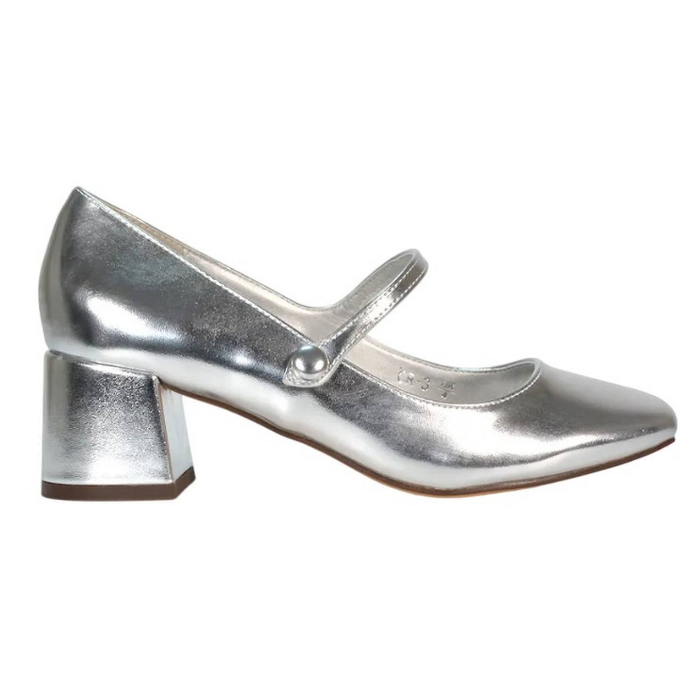 Metallic Silver - Side - XY London Womens-Ladies Leneka Metallic Ankle Strap Low Block Heel Court Pumps