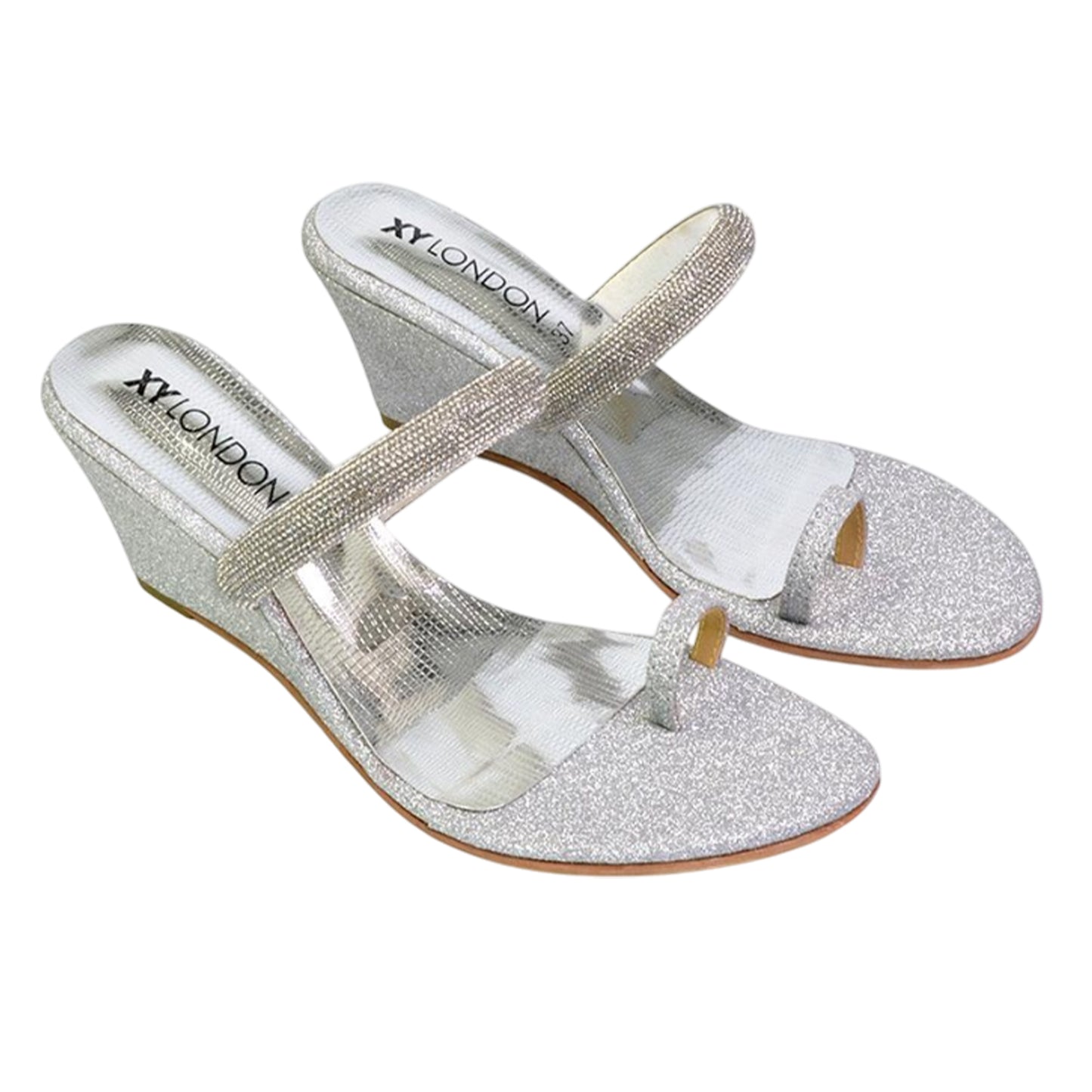 Silver - Front - XY London Womens-Ladies Lucille Diamante Strappy Wedge Sandals