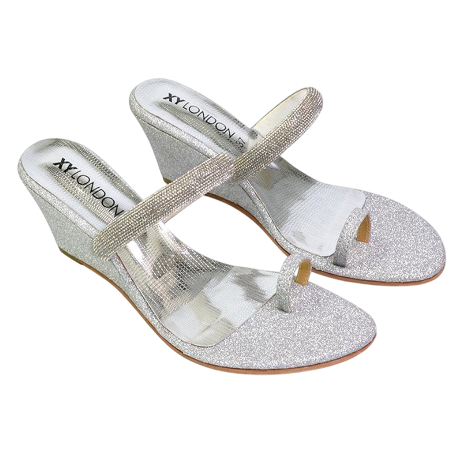 Silver - Front - XY London Womens-Ladies Lucille Diamante Strappy Wedge Sandals