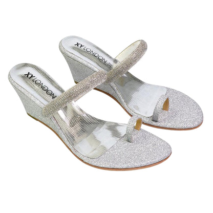 Silver - Front - XY London Womens-Ladies Lucille Diamante Strappy Wedge Sandals