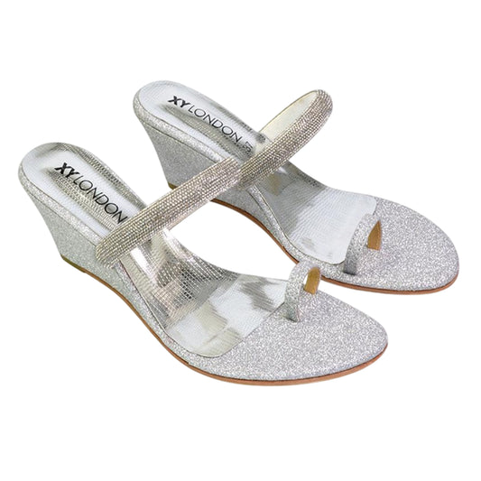 Silver - Front - XY London Womens-Ladies Lucille Diamante Strappy Wedge Sandals