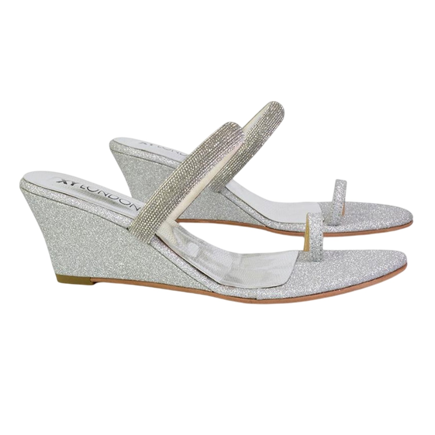 Silver - Side - XY London Womens-Ladies Lucille Diamante Strappy Wedge Sandals