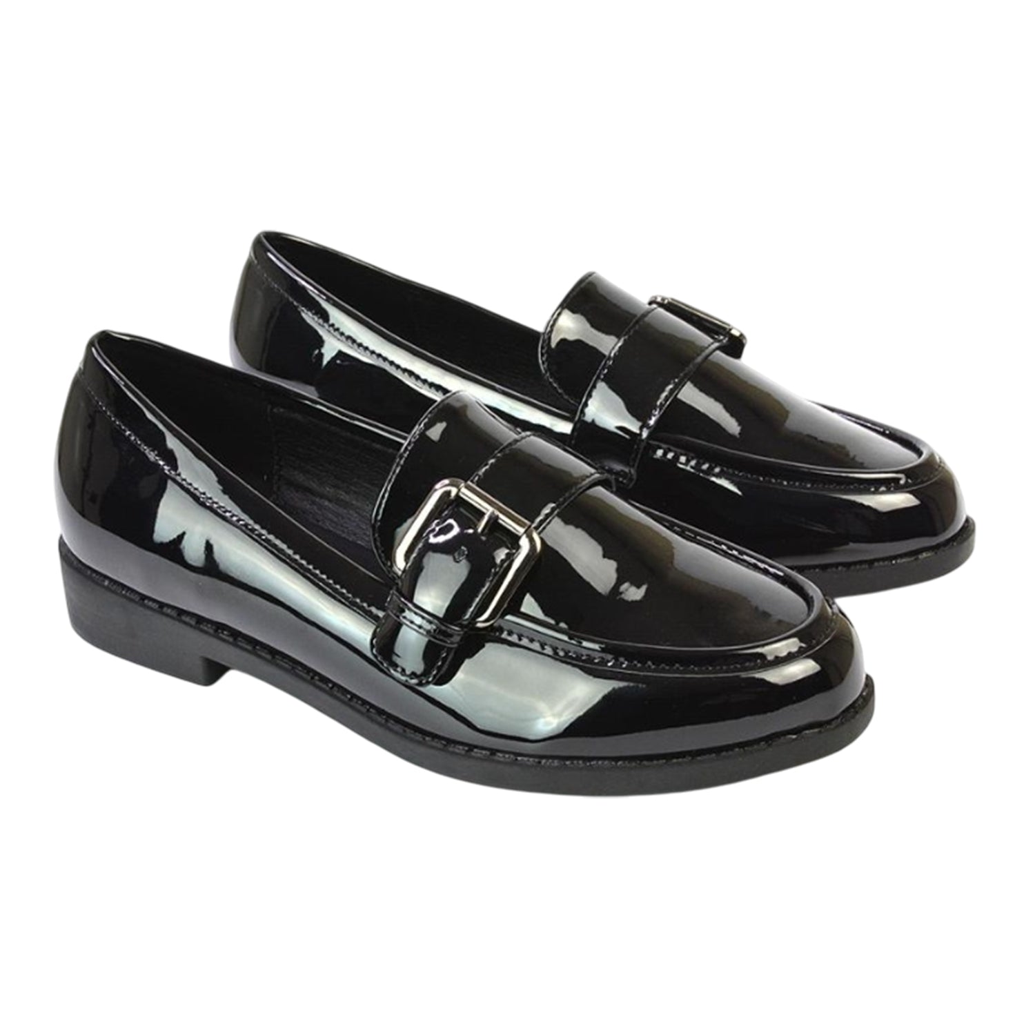 True Black - Front - XY London Womens-Ladies Kali Patent Chunky Sole Buckle Loafers