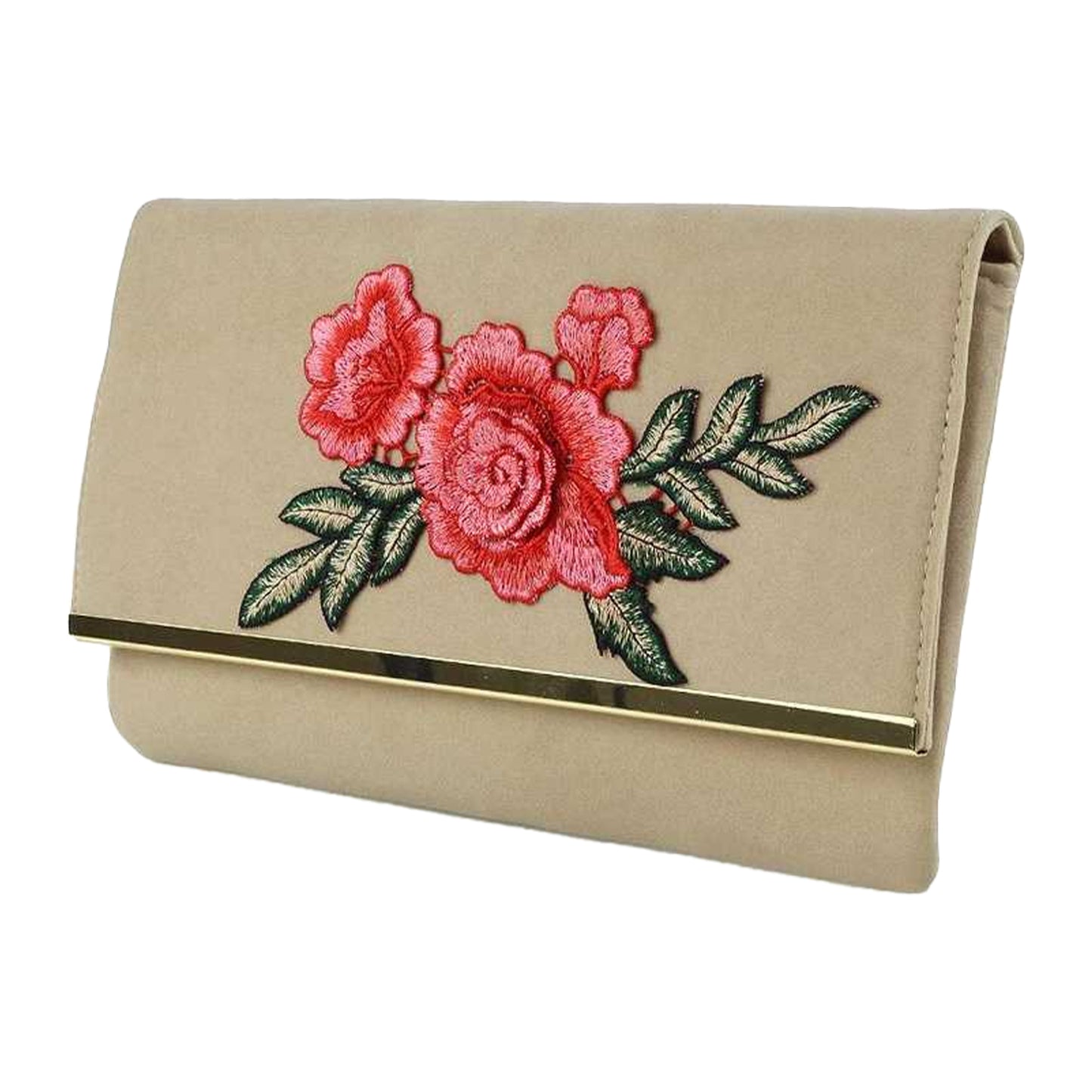 Beige - Side - XY London Mika Embroidered Flower Chain Strap Clutch Bag