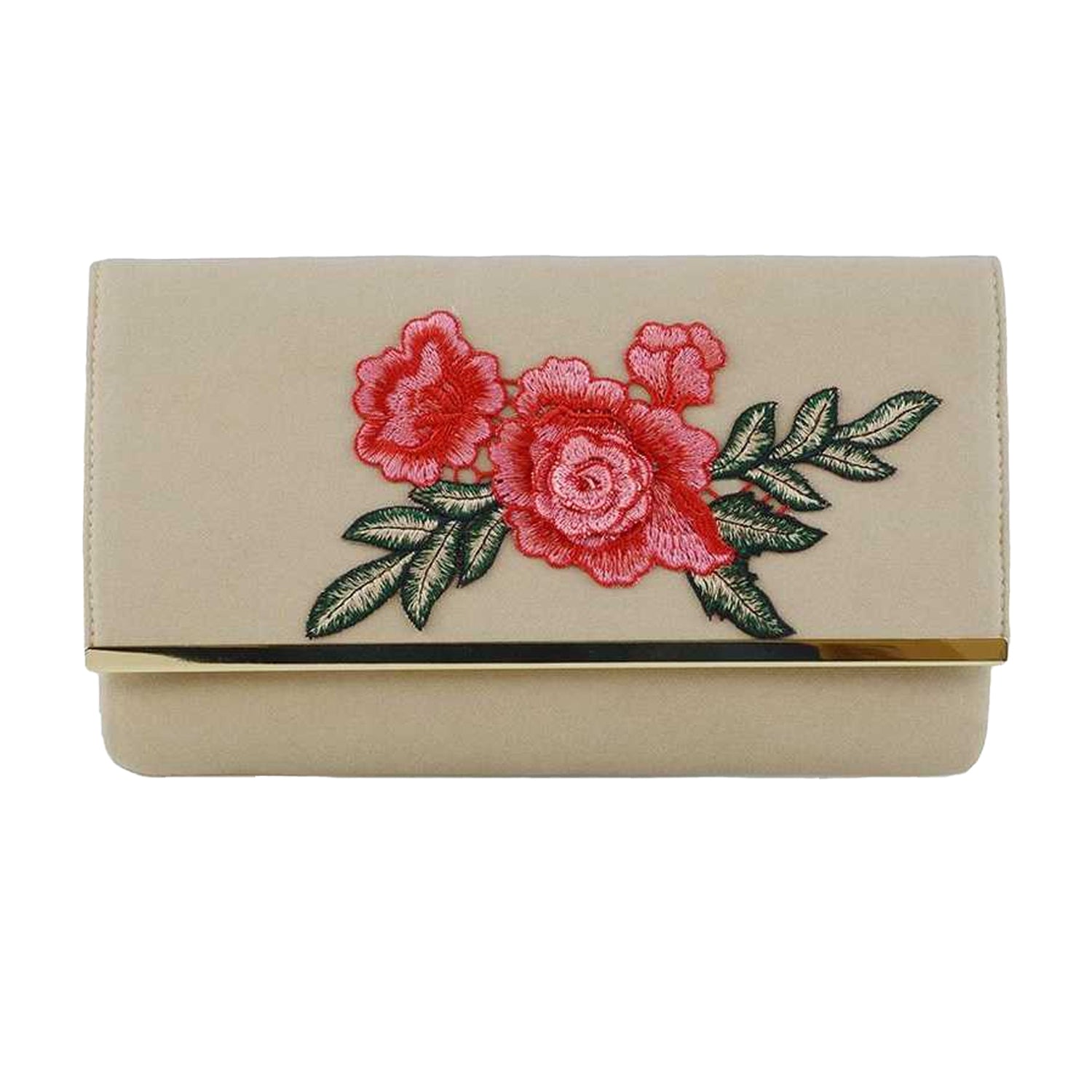 Beige - Front - XY London Mika Embroidered Flower Chain Strap Clutch Bag