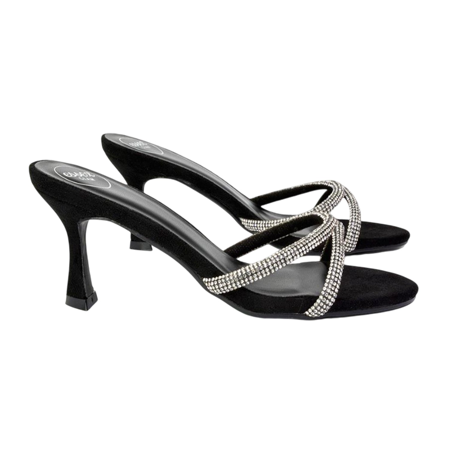 Jet Black - Side - XY London Womens-Ladies Abby Diamante Strappy Stiletto Heel Mules