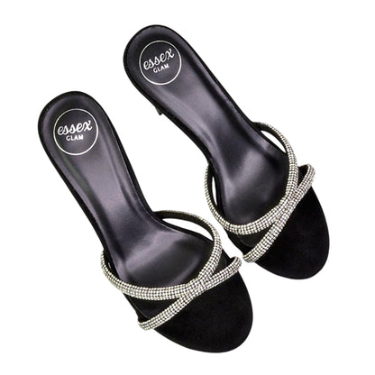 Jet Black - Pack Shot - XY London Womens-Ladies Abby Diamante Strappy Stiletto Heel Mules