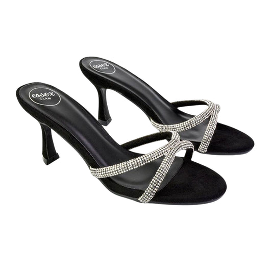 Jet Black - Front - XY London Womens-Ladies Abby Diamante Strappy Stiletto Heel Mules