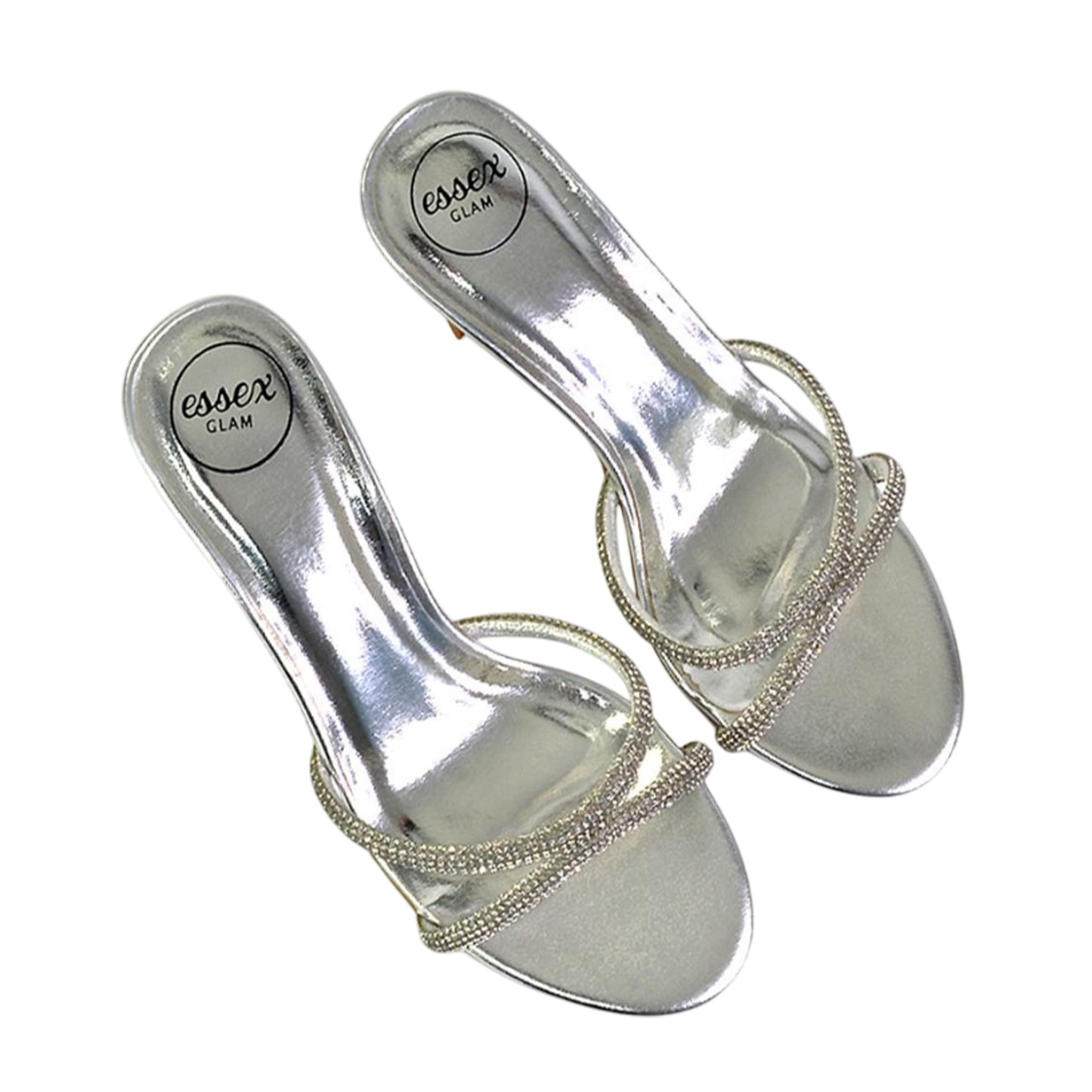Metallic Silver - Pack Shot - XY London Womens-Ladies Abby Metallic Diamante Strappy Stiletto Heel Mules