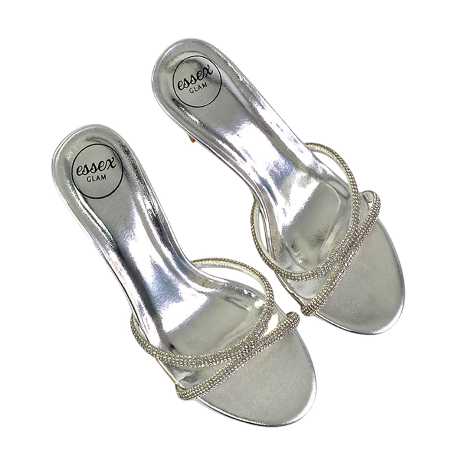 Metallic Silver - Pack Shot - XY London Womens-Ladies Abby Metallic Diamante Strappy Stiletto Heel Mules