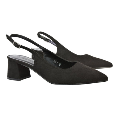 Jet Black - Back - XY London Womens-Ladies Faux Suede Sling Back Low Block Heel Court Shoes