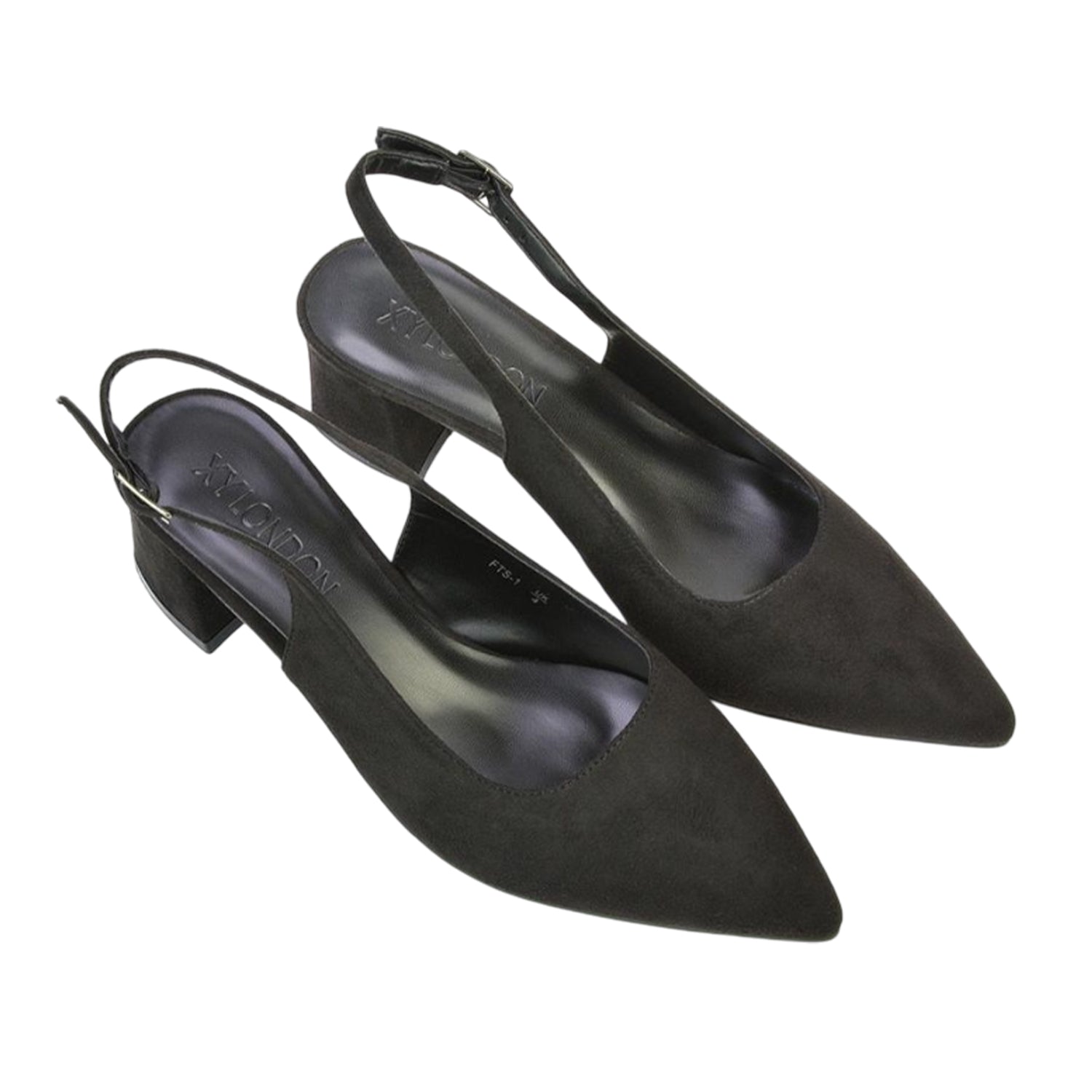 Jet Black - Side - XY London Womens-Ladies Faux Suede Sling Back Low Block Heel Court Shoes
