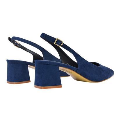 Navy - Back - XY London Womens-Ladies Faux Suede Sling Back Low Block Heel Court Shoes