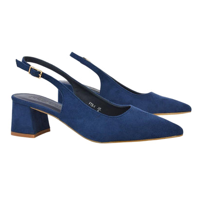 Navy - Side - XY London Womens-Ladies Faux Suede Sling Back Low Block Heel Court Shoes