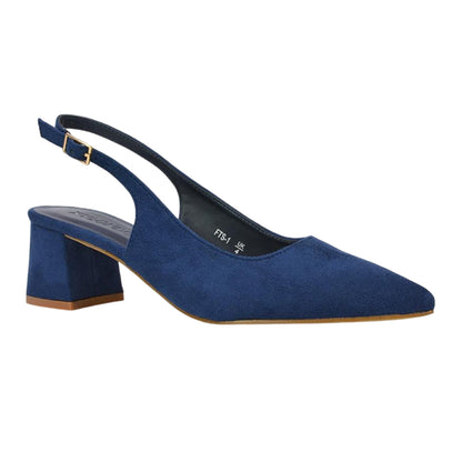 Navy - Pack Shot - XY London Womens-Ladies Faux Suede Sling Back Low Block Heel Court Shoes