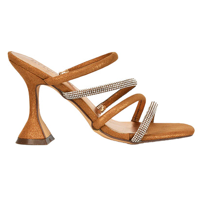 Rose Gold - Side - XY London Womens-Ladies Posie Diamante Strappy High Heel Mules