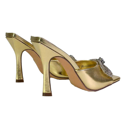 Metallic Silver - Front - XY London Womens-Ladies Elsa Diamante Metallic Square Toe Bow Mule Sandals