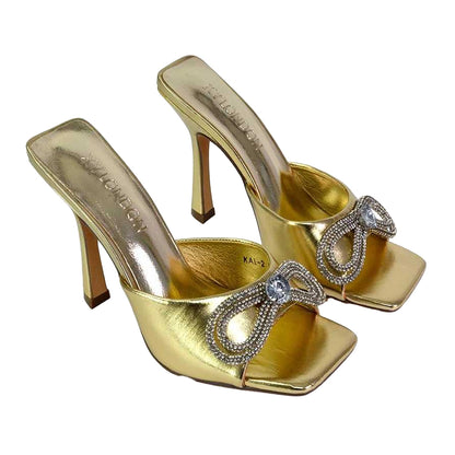 Metallic Gold - Back - XY London Womens-Ladies Elsa Diamante Metallic Square Toe Bow Mule Sandals