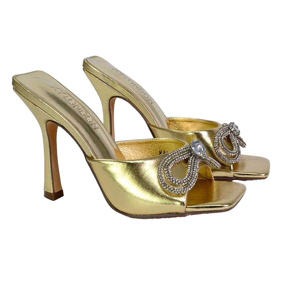 Metallic Gold - Side - XY London Womens-Ladies Elsa Diamante Metallic Square Toe Bow Mule Sandals