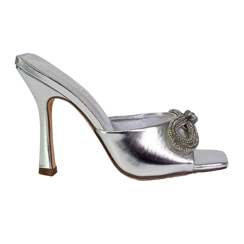 Metallic Silver - Back - XY London Womens-Ladies Elsa Diamante Metallic Square Toe Bow Mule Sandals